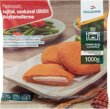 Gallicoop Panírozott sajttal, sonkával töltött pulykamell érme 1000 g